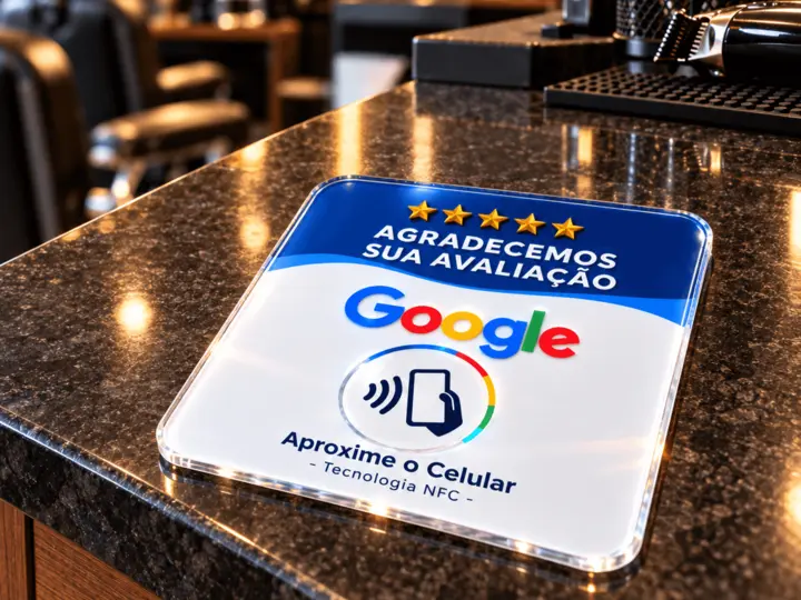 Placa NFC de avaliação apoiada sobre o balcão de uma barbearia.