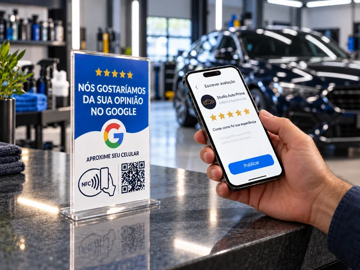Placa de avaliação com NFC e QR Code em uma estética automotiva, ao lado de um celular com avaliação ilustrativa.