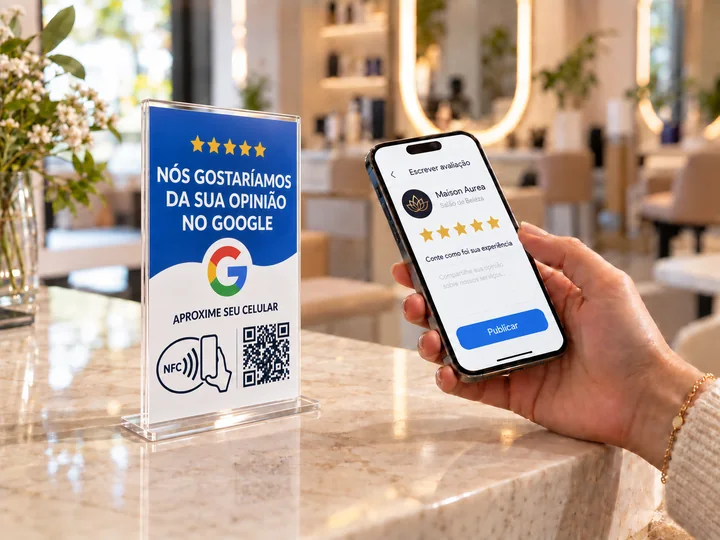 Placa de avaliação com NFC e QR Code em um salão de beleza, ao lado de um celular com avaliação ilustrativa.
